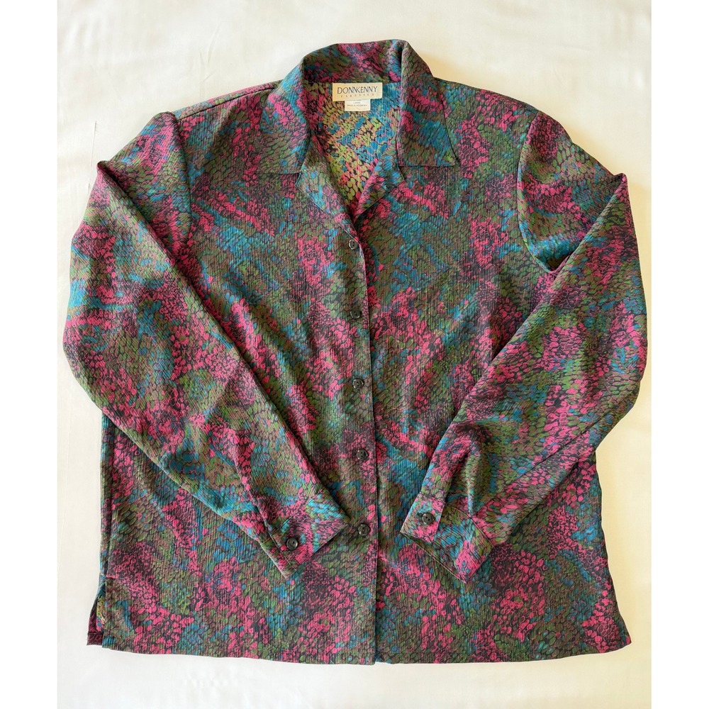 Vintage 80s Donnkenny Classics Abstract Plisse Crinkle Blouse Large Magenta Teal